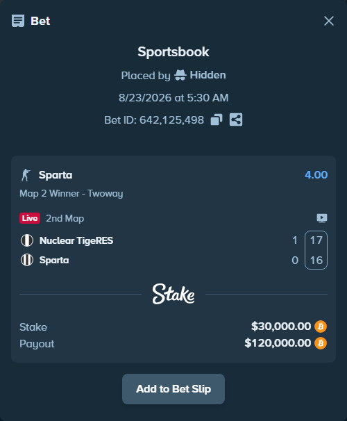 Bet slip: Nuclear TigeRES - Sparta, $29,868.46 stake at 4.00 odds, placed by Hidden