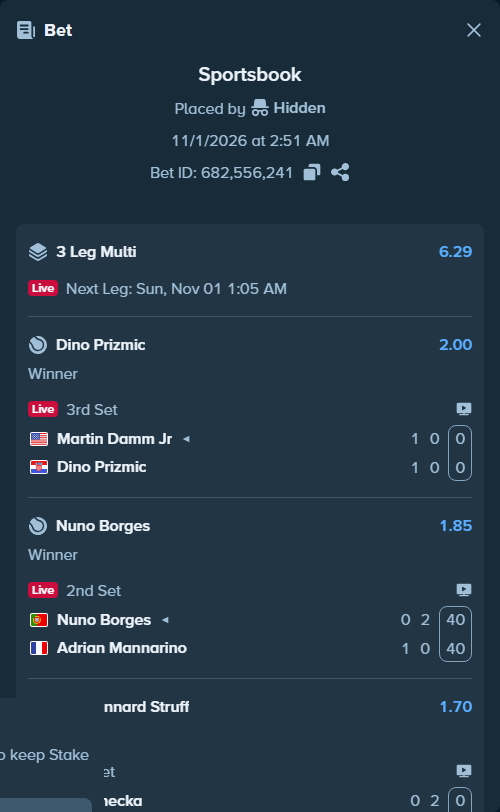 Bet slip: Nuno Borges - Adrian Mannarino, $10,000.00 stake at 1.85 odds, placed by Hidden
