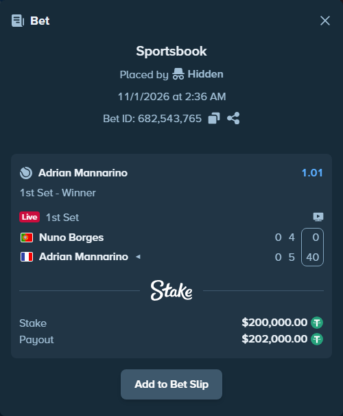 Bet slip: Nuno Borges - Adrian Mannarino, $200,200.00 stake at 1.01 odds, placed by Hidden