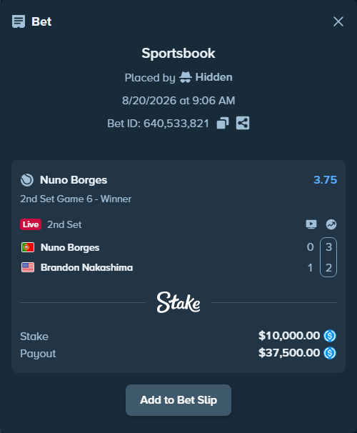 Bet slip: Nuno Borges - Brandon Nakashima, $10,000.00 stake at 3.75 odds, placed by Hidden
