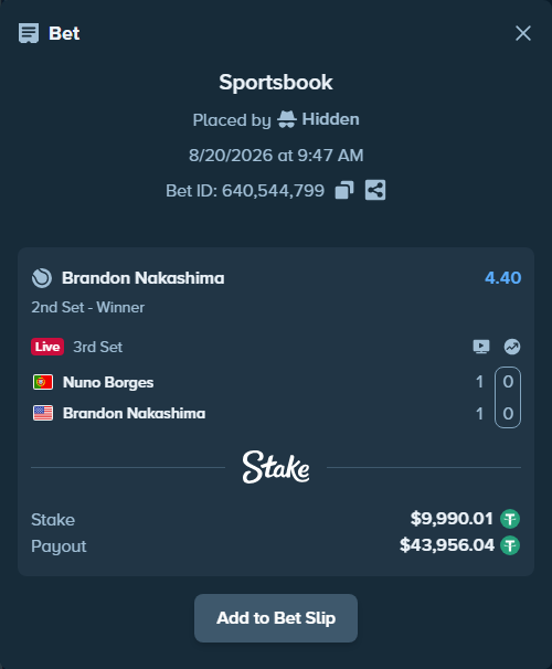 Bet slip: Nuno Borges - Brandon Nakashima, $10,000.00 stake at 4.40 odds, placed by Hidden