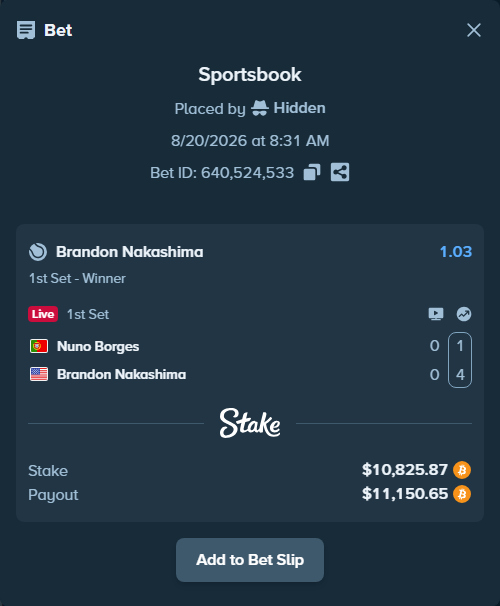Bet slip: Nuno Borges - Brandon Nakashima, $10,845.02 stake at 1.03 odds, placed by Hidden