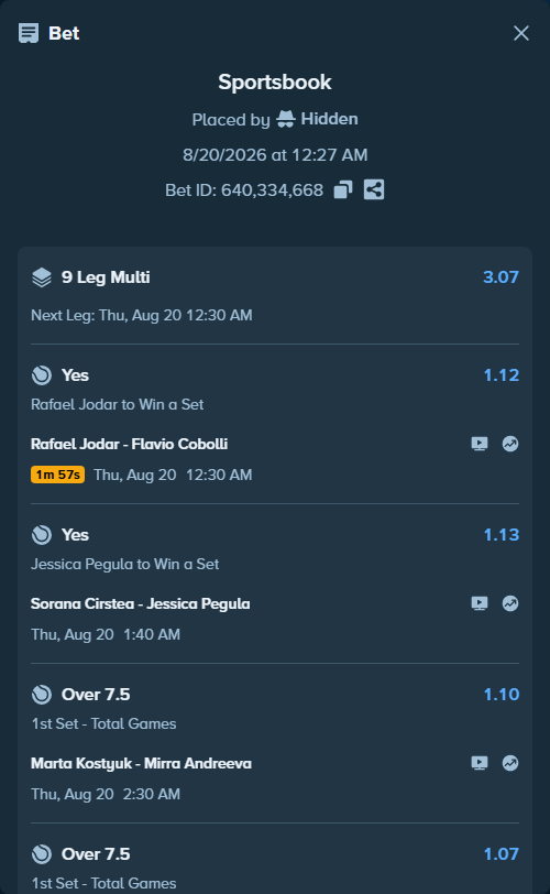 Bet slip: Nuno Borges - Brandon Nakashima, $122,122.00 stake at 1.11 odds, placed by Hidden