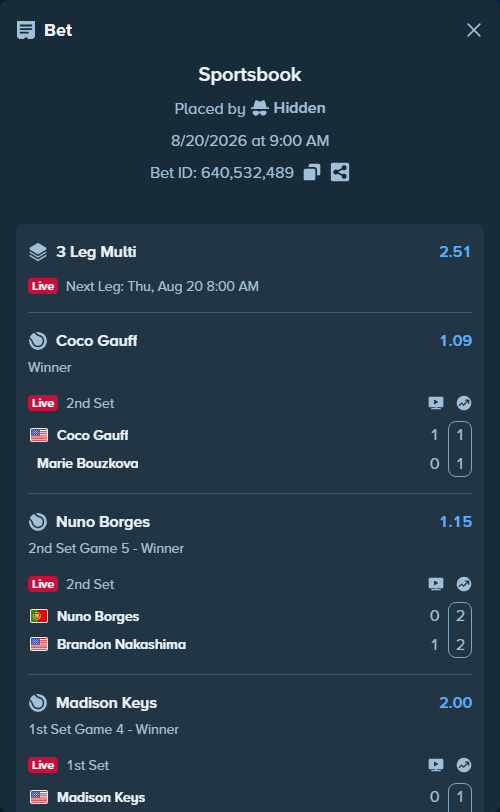 Bet slip: Nuno Borges - Brandon Nakashima, $14,000.00 stake at 1.15 odds, placed by Hidden