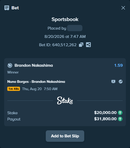 Bet slip: Nuno Borges - Brandon Nakashima, $20,000.00 stake at 1.59 odds, placed by Mopsik33