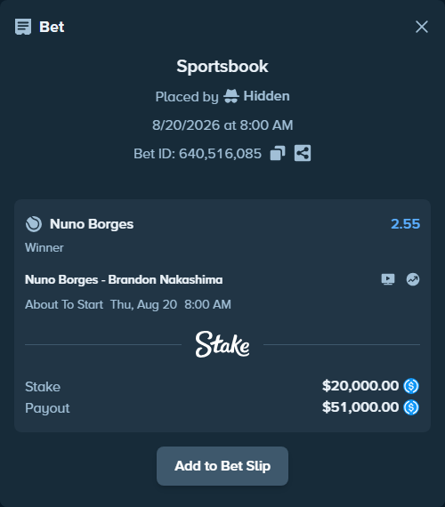 Bet slip: Nuno Borges - Brandon Nakashima, $20,000.00 stake at 2.55 odds, placed by Hidden