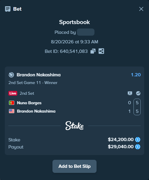 Bet slip: Nuno Borges - Brandon Nakashima, $24,200.00 stake at 1.20 odds, placed by MOROCCO22