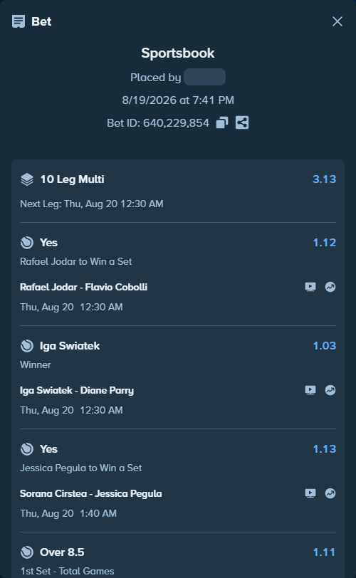 Bet slip: Nuno Borges - Brandon Nakashima, $75,000.00 stake at 1.11 odds, placed by OplatekRafal