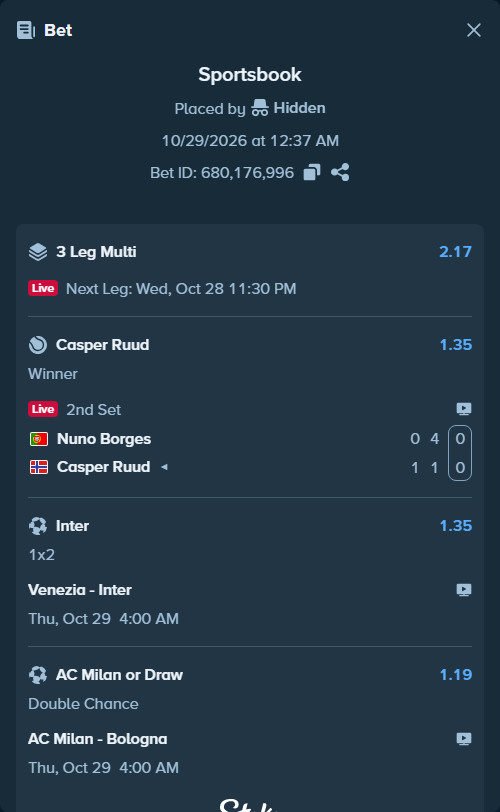 Bet slip: Nuno Borges - Casper Ruud, $10,043.07 stake at 1.35 odds, placed by Hidden