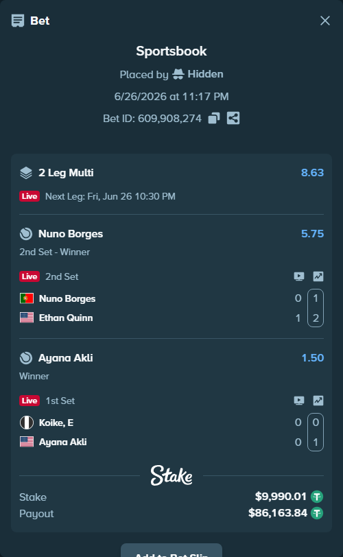 Bet slip: Nuno Borges - Ethan Quinn, $10,000.00 stake at 5.75 odds, placed by Hidden