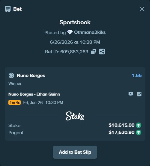 Bet slip: Nuno Borges - Ethan Quinn, $10,625.61 stake at 1.66 odds, placed by Othmane2kiks