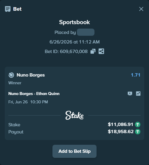 Bet slip: Nuno Borges - Ethan Quinn, $11,098.00 stake at 1.71 odds, placed by crazypianist