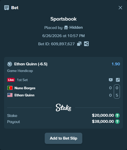 Bet slip: Nuno Borges - Ethan Quinn, $20,020.00 stake at 1.90 odds, placed by Hidden