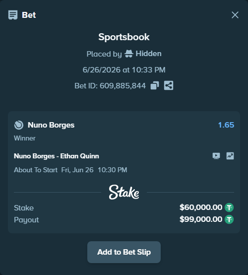 Bet slip: Nuno Borges - Ethan Quinn, $60,060.00 stake at 1.65 odds, placed by Hidden