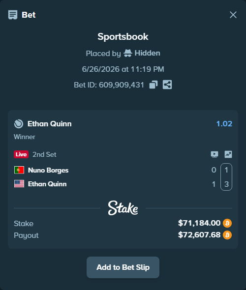 Bet slip: Nuno Borges - Ethan Quinn, $72,702.37 stake at 1.02 odds, placed by Hidden