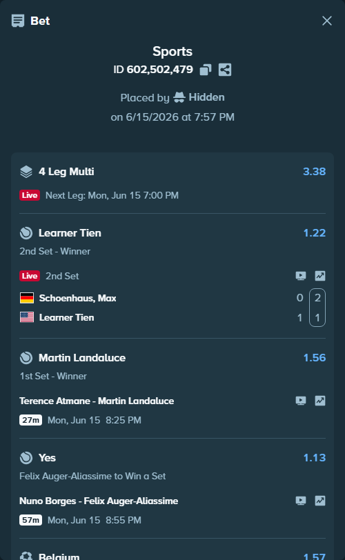 Bet slip: Nuno Borges - Felix Auger-Aliassime, $13,355.36 stake at 1.13 odds, placed by Hidden