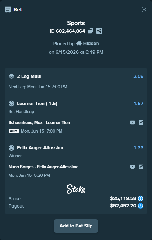 Bet slip: Nuno Borges - Felix Auger-Aliassime, $25,119.58 stake at 1.33 odds, placed by Hidden