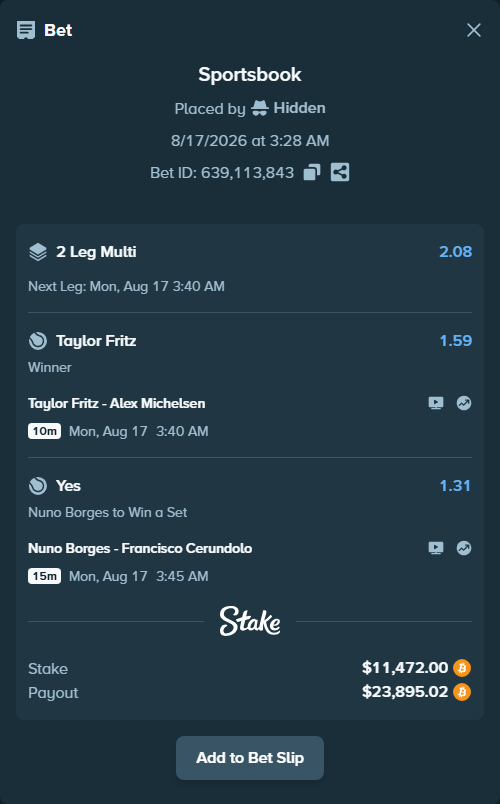 Bet slip: Nuno Borges - Francisco Cerundolo, $11,478.45 stake at 1.31 odds, placed by Hidden