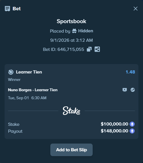 Bet slip: Nuno Borges - Learner Tien, $100,285.36 stake at 1.48 odds, placed by Hidden