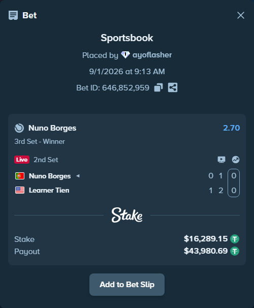Bet slip: Nuno Borges - Learner Tien, $16,289.15 stake at 2.70 odds, placed by ayoflasher
