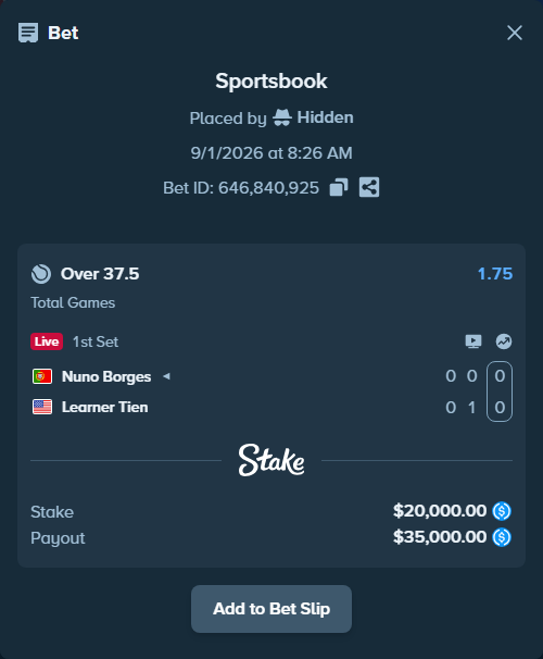 Bet slip: Nuno Borges - Learner Tien, $20,000.00 stake at 1.75 odds, placed by Hidden