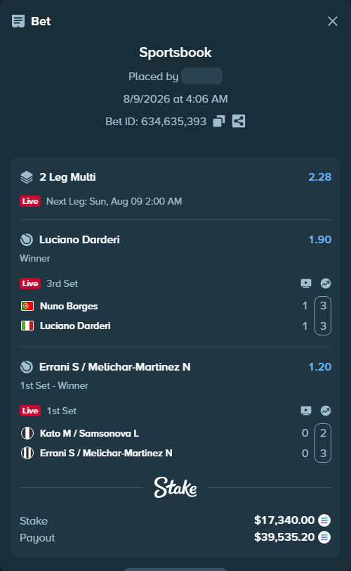 Bet slip: Nuno Borges - Luciano Darderi, $17,333.28 stake at 1.90 odds, placed by HOPLAND4