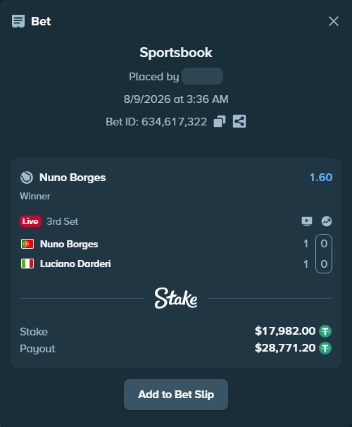 Bet slip: Nuno Borges - Luciano Darderi, $17,999.98 stake at 1.60 odds, placed by Othmane2kiks