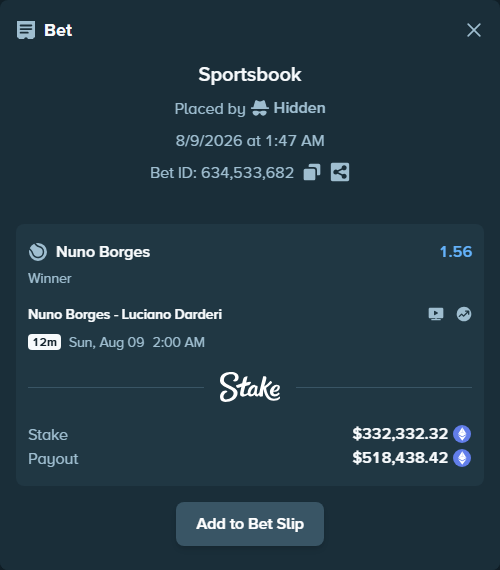 Bet slip: Nuno Borges - Luciano Darderi, $331,346.74 stake at 1.56 odds, placed by Hidden