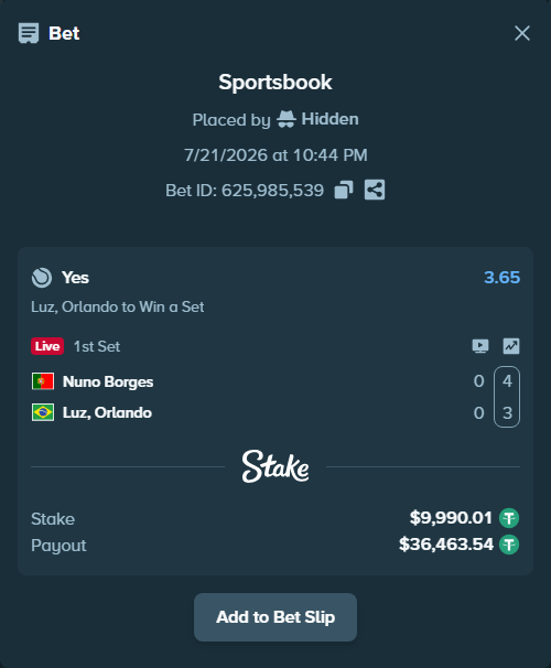 Bet slip: Nuno Borges - Luz, Orlando, $10,000.00 stake at 3.65 odds, placed by Hidden