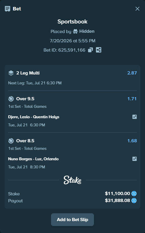 Bet slip: Nuno Borges - Luz, Orlando, $11,100.00 stake at 1.68 odds, placed by Hidden