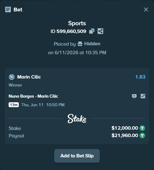 Bet slip: Nuno Borges - Marin Cilic, $12,012.00 stake at 1.83 odds, placed by Othmane2kiks