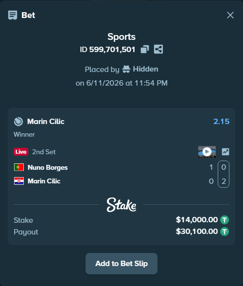 Bet slip: Nuno Borges - Marin Cilic, $14,014.00 stake at 2.15 odds, placed by Hidden