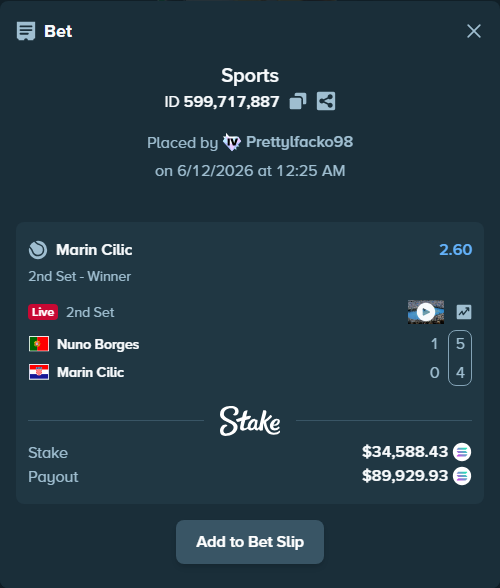 Bet slip: Nuno Borges - Marin Cilic, $38,747.23 stake at 2.60 odds, placed by Prettylfacko98