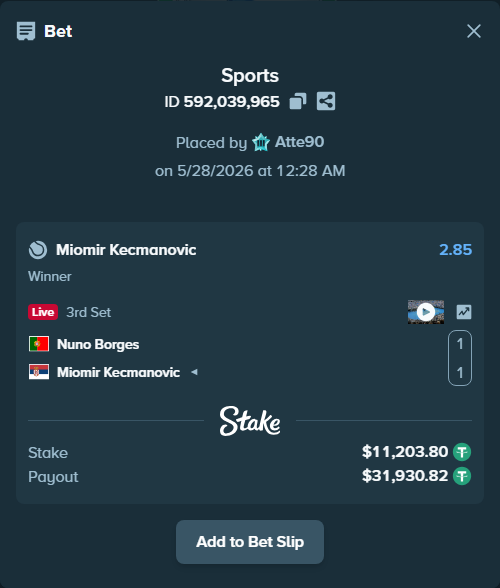 Bet slip: Nuno Borges - Miomir Kecmanovic, $11,215.00 stake at 2.85 odds, placed by Atte90