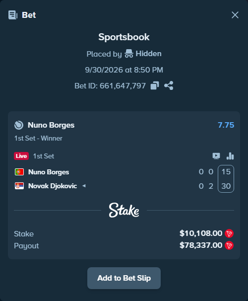 Bet slip: Nuno Borges - Novak Djokovic, $10,138.72 stake at 7.75 odds, placed by Hidden