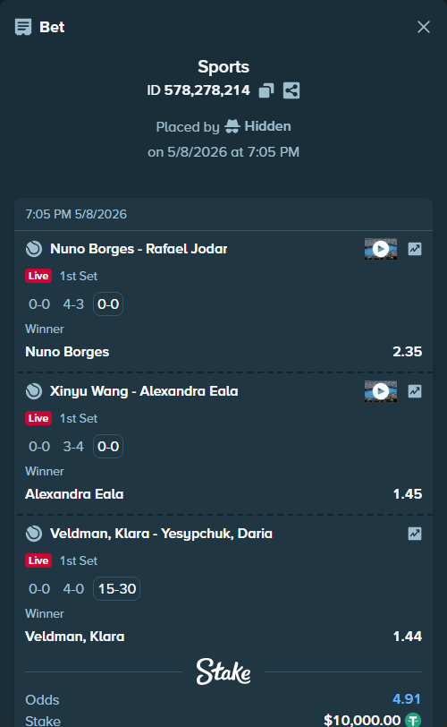 Bet slip: Nuno Borges - Rafael Jodar, $10,000.00 stake at 2.35 odds, placed by Hidden