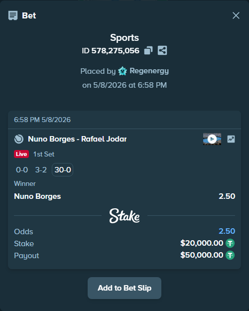 Bet slip: Nuno Borges - Rafael Jodar, $20,000.00 stake at 2.50 odds, placed by Regenergy