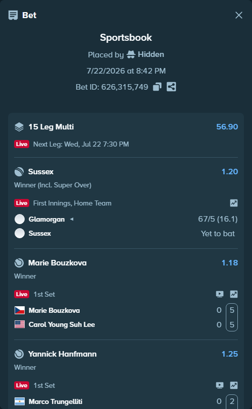 Bet slip: Nuno Borges - Roman Andres Burrachaga, $10,000.00 stake at 1.37 odds, placed by Hidden