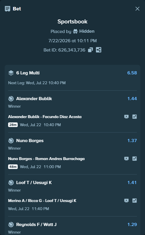 Bet slip: Nuno Borges - Roman Andres Burrachaga, $10,000.00 stake at 1.37 odds, placed by Hidden
