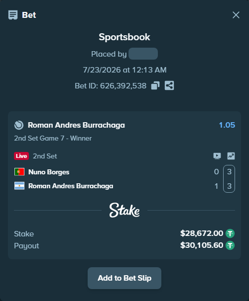 Bet slip: Nuno Borges - Roman Andres Burrachaga, $28,700.67 stake at 1.05 odds, placed by rkkcr03