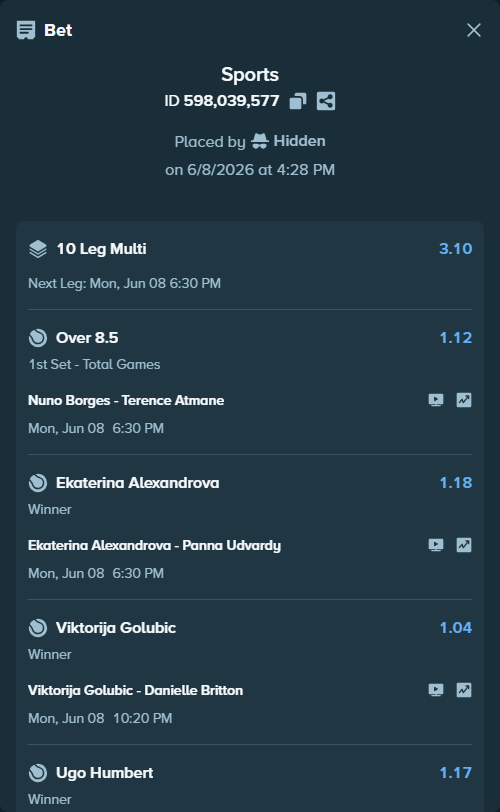 Bet slip: Nuno Borges - Terence Atmane, $64,804.58 stake at 1.12 odds, placed by Hidden