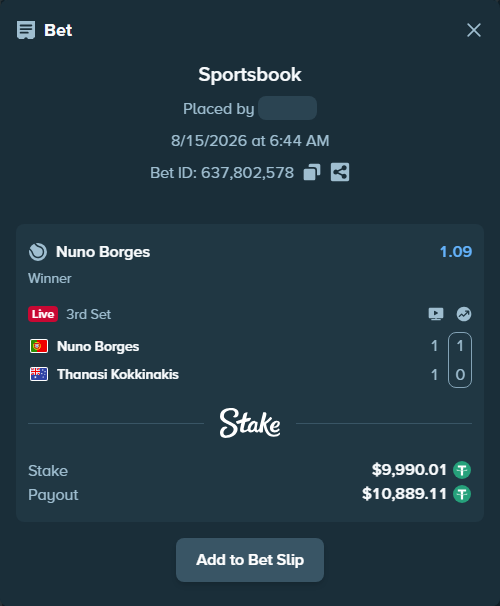 Bet slip: Nuno Borges - Thanasi Kokkinakis, $10,000.00 stake at 1.09 odds, placed by Mopsik33