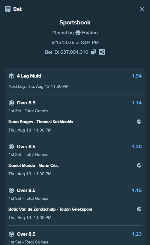 Bet slip: Nuno Borges - Thanasi Kokkinakis, $125,000.00 stake at 1.14 odds, placed by Hidden