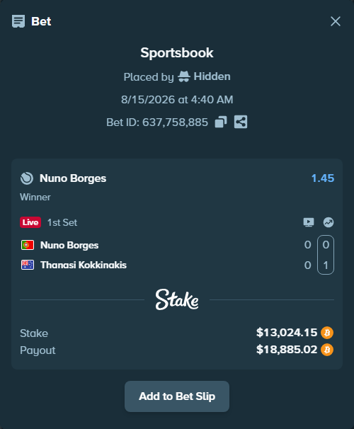Bet slip: Nuno Borges - Thanasi Kokkinakis, $13,068.38 stake at 1.45 odds, placed by Hidden