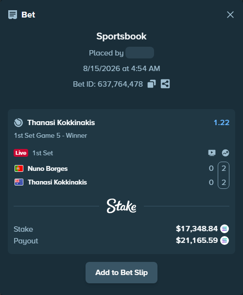 Bet slip: Nuno Borges - Thanasi Kokkinakis, $17,448.13 stake at 1.22 odds, placed by Prettylfacko98