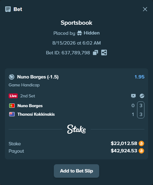 Bet slip: Nuno Borges - Thanasi Kokkinakis, $22,055.95 stake at 1.95 odds, placed by Hidden