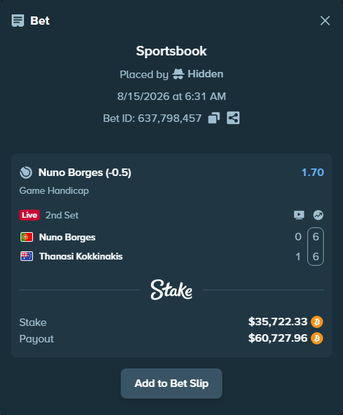 Bet slip: Nuno Borges - Thanasi Kokkinakis, $35,843.64 stake at 1.70 odds, placed by Hidden
