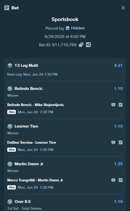 Bet slip: Nuno Borges - Tristan Boyer, $125,000.00 stake at 1.31 odds, placed by Hidden