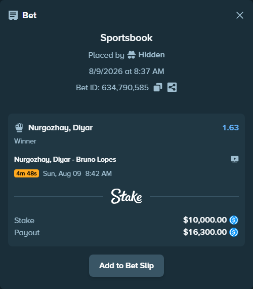 Bet slip: Nurgozhay, Diyar - Bruno Lopes, $10,000.00 stake at 1.63 odds, placed by Hidden