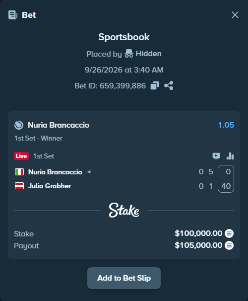 Bet slip: Nuria Brancaccio - Julia Grabherotball, $100,682.41 stake at 1.05 odds, placed by Hidden